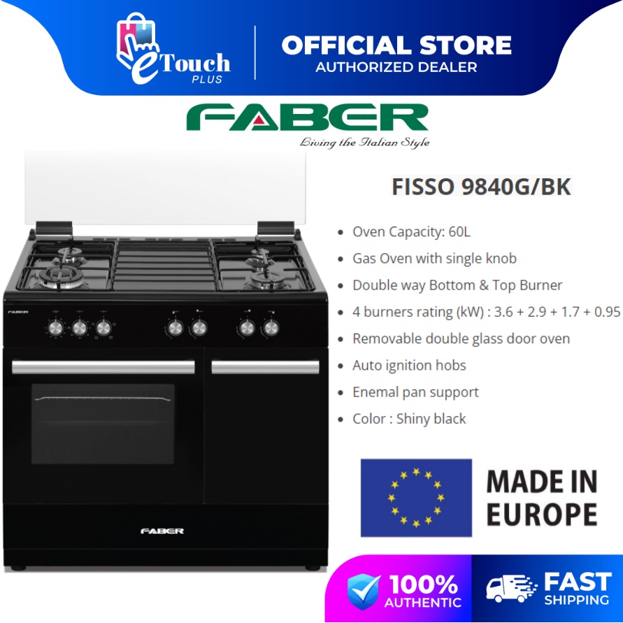 Faber Free Standing Cooker [ FISSO 9840G/BK - Gas Oven / FISSO 9844E/BK - Electric Oven ] with 4 burner - Shiny black