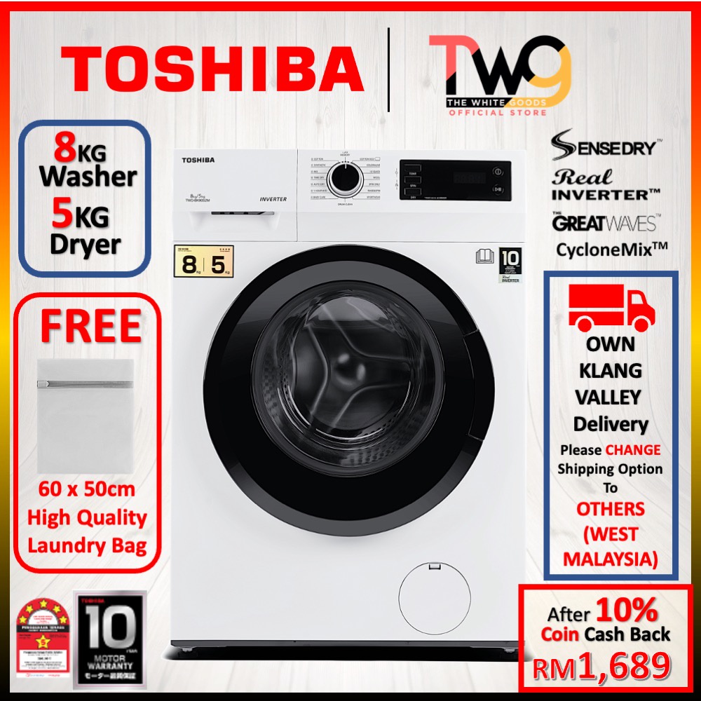 [OWN DELIVERY + GIFT] TOSHIBA WASHER DRYER 8KG / 5KG TWDBK90S2M