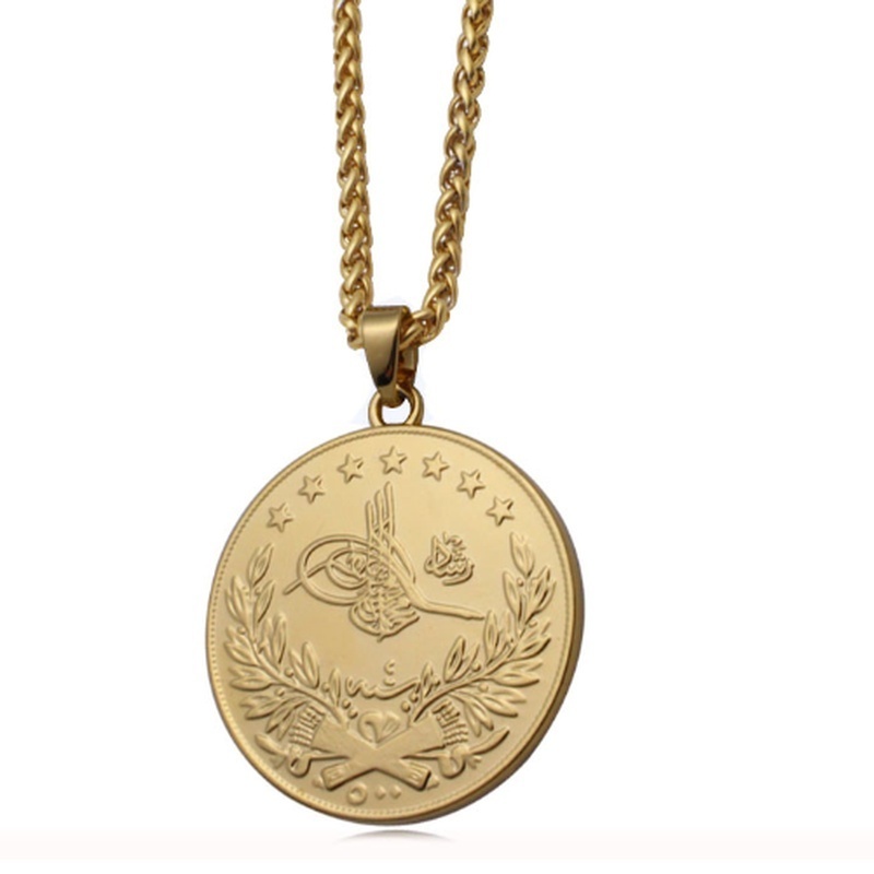 Golden Islamic Arabic Coin Turkish Coin Pendant Necklace Muslim Ottoman Coin Amulet Necklace Jewelry