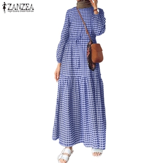 Image of ZANZEA Women Long Sleeve Plaid Printed Casual Muslim Long Dress