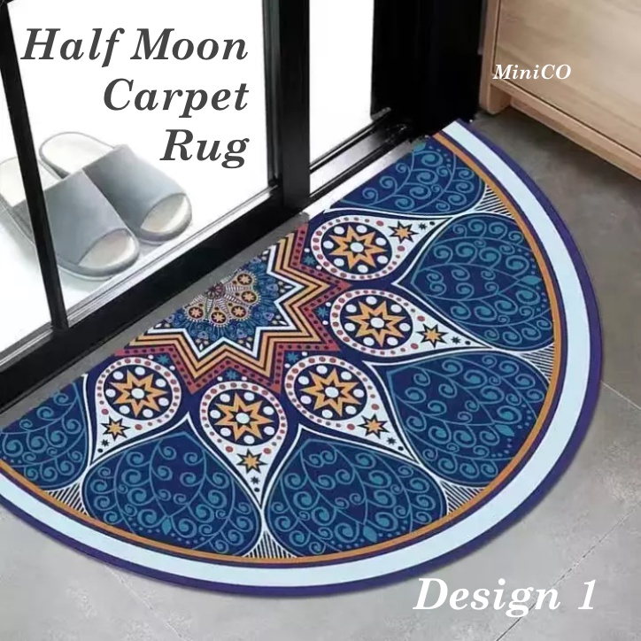 Batik Designs Half Moon Floor Mat (80 x 40cm) Door Mat Rug Soft Carpet Anti Slip Dirt Barrier D Shape Floor Rug