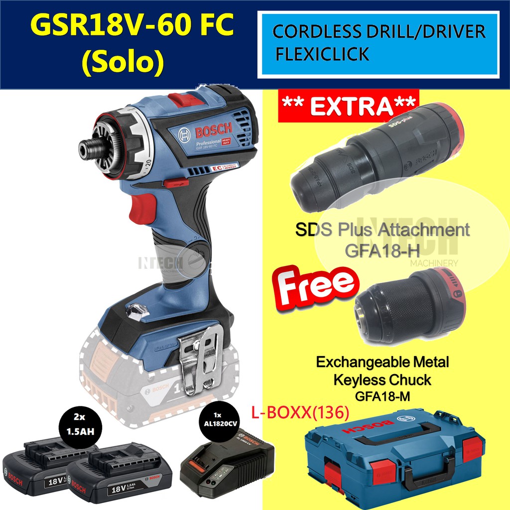 Bosch Gsr18v 60fc Solo Cordless Drill Driver Flexiclick Sds