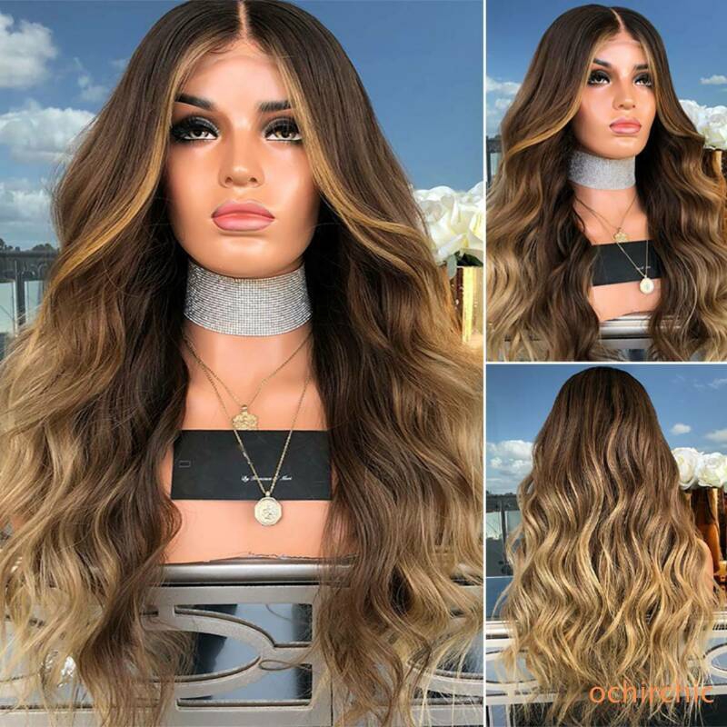 Women Brown Long Wavy Wigs Highlights Ombre Blonde Natural Curly