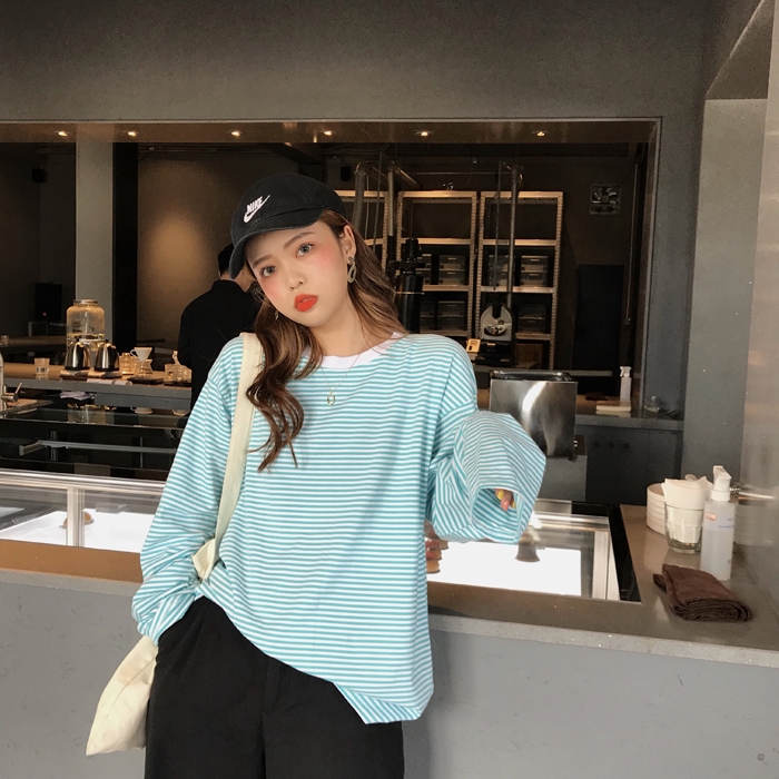 [Fanci] Spring 2020 New Korean Version of Simple Stripe Matching Loose Long Sleeve T-shirt baju Tee Female Backing wom