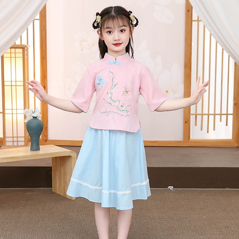 Girls Chinese Costume Dress Printed Qipao Short Sleeve 2~10years Child
