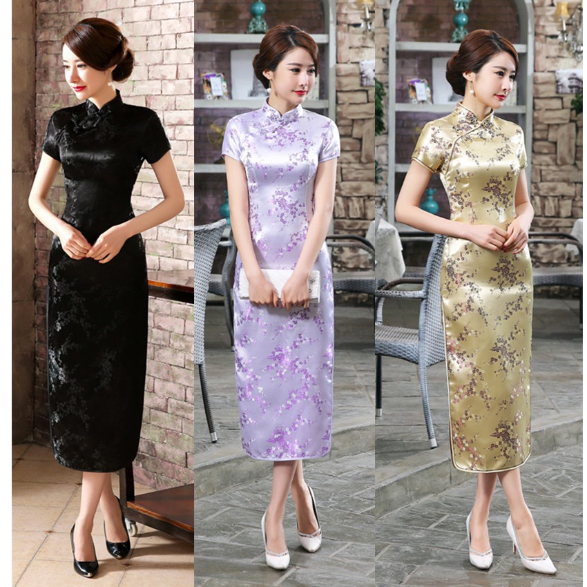 Chinese Traditional Qipao Cheongsams Sexy Split Tight Bodycon Silk Satin Women Dress Evening Party Wedding Dress Wear Shopee Malaysia