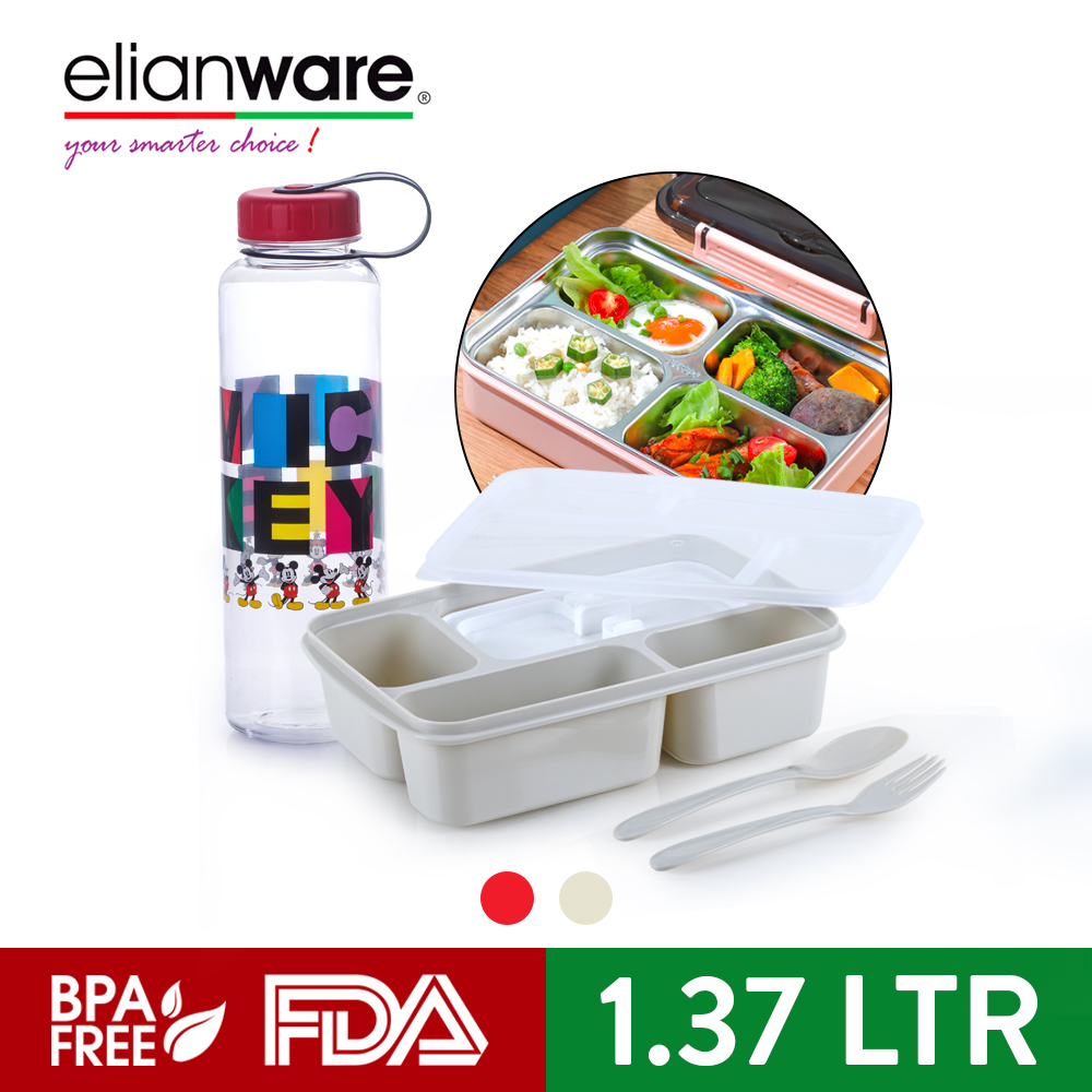 Elianware (1.37 Ltr) Microwavable 4 Compartments Bento Lunch Box Container with 1L Cartoon Mickey Design Bottle 