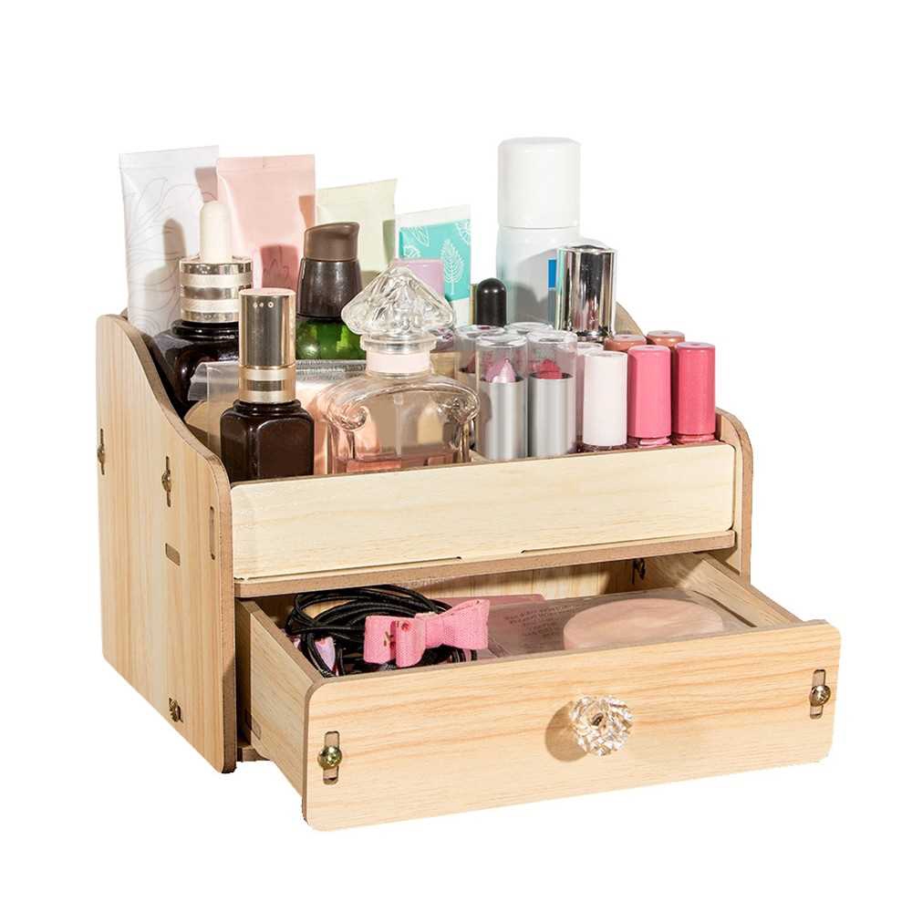 Wooden Makeup Storage Box Organizer Holder Container With Drawer