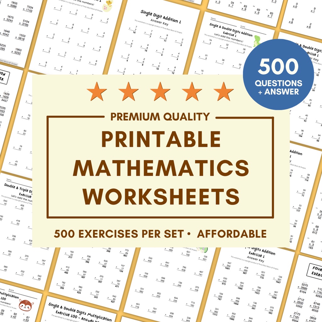 [PDF] Printable Mathematics Worksheets | 500 Questions | Addition, Subtraction, Multiplication and Division Worksheets