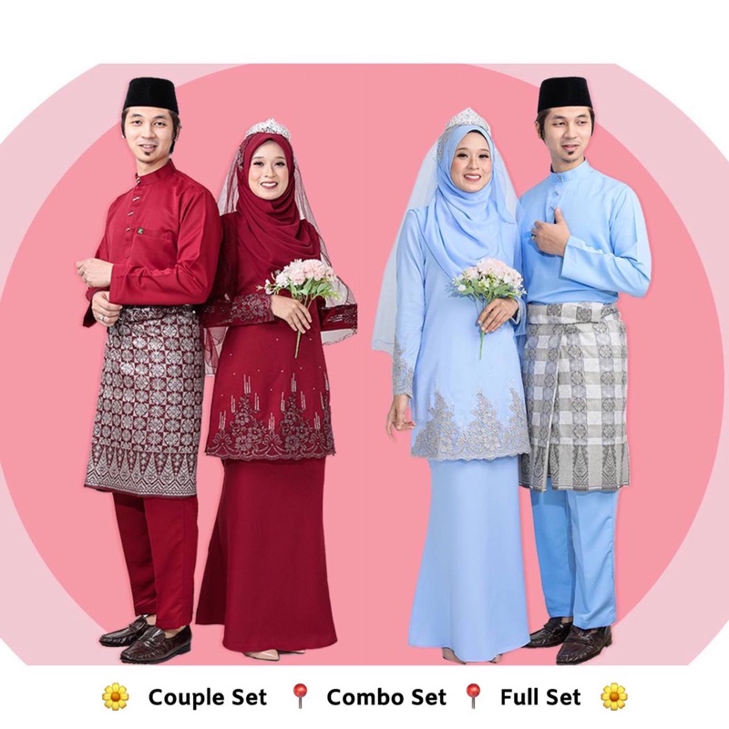 Baju Nikah Couple Baju Kahwin Full Set Baju Melayu Moden Cekak Musang Lace Kurung