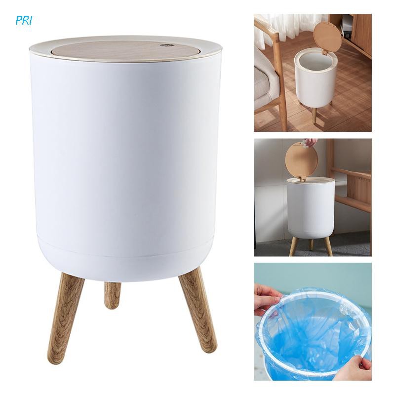 PRI* Creative Wooden Trash Can with Lid Press Garbage Rubbish Bin High Foot Waste Container Organizer Bathroom Kitchen Decoration