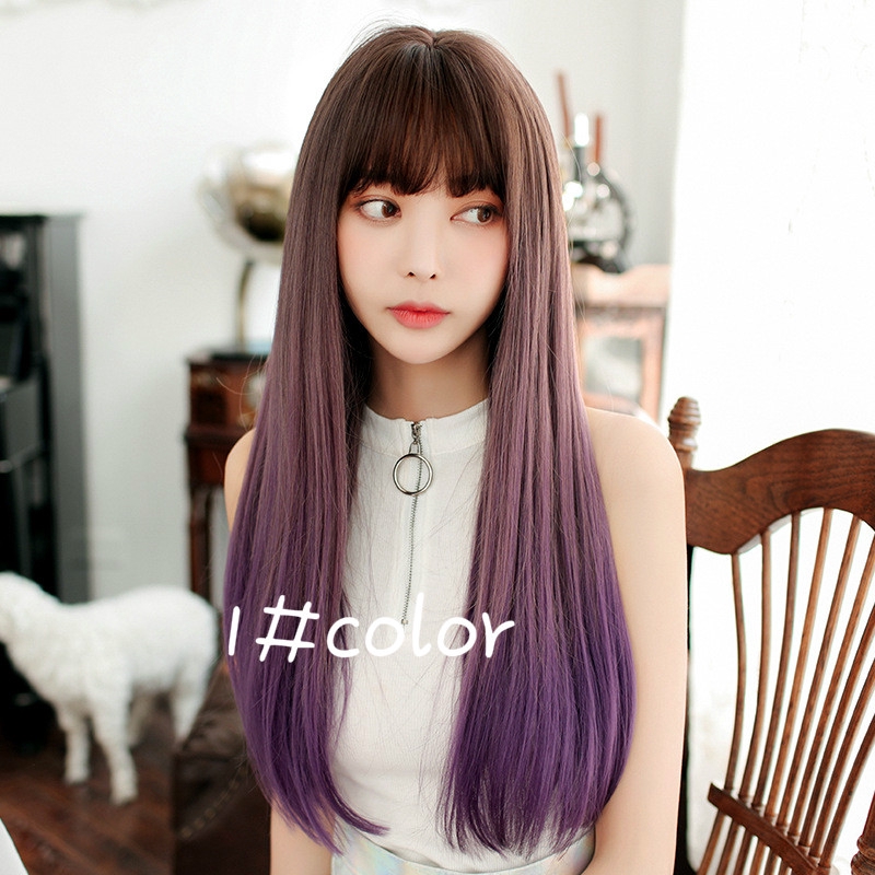 Gradient Long Straight Hair Wig Headband Fashion Bangs Simulation