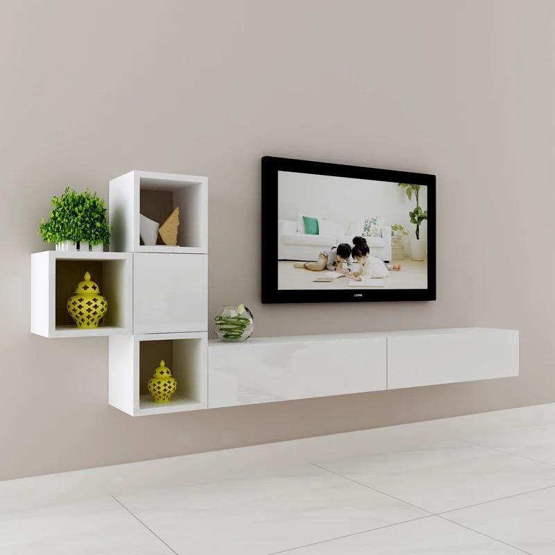 L Shape Wall Mounted Tv Cabinet 4 Cubes Storage Shelves Full Set