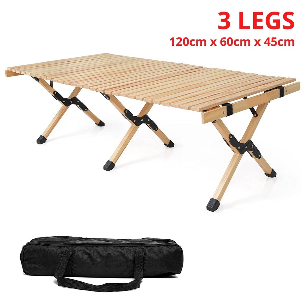 120CM Luxury Outdoor Camping Glamping Folding Solid Pine / Beech Wood Portable Egg Roll Table Picnic Dining Meja Kayu