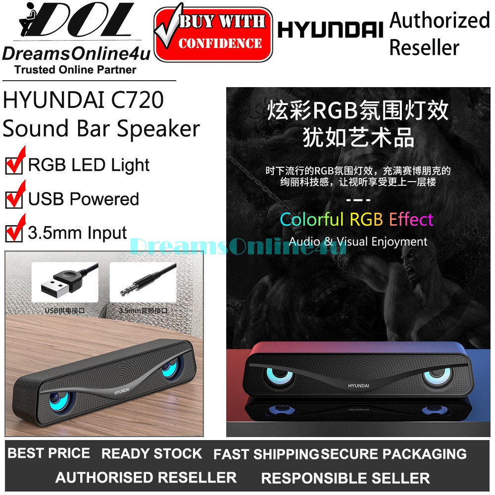 HYUNDAI Naughty Geeks C720 Bluetooth Soundbar Speaker Stereo USB Powered Colorful RGB Light Effect Notebook Monitor PC