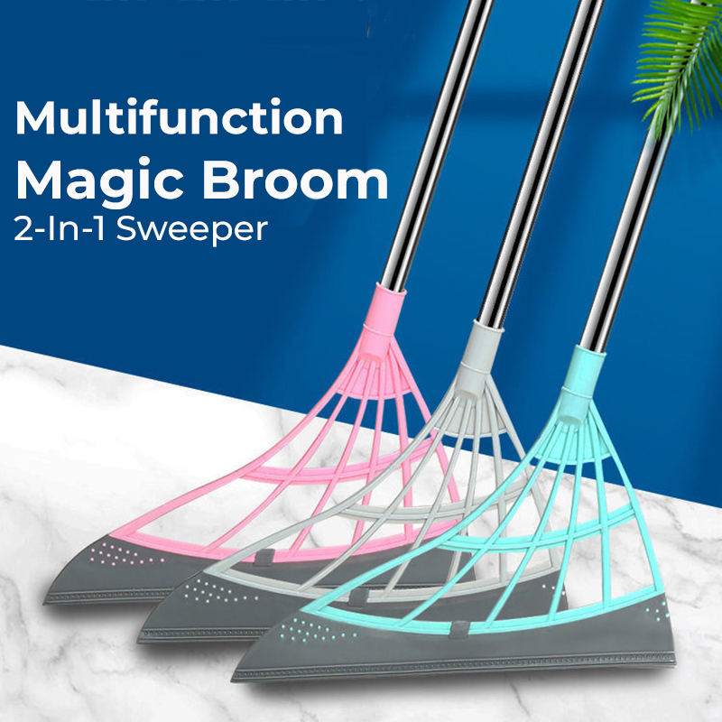 Foldable Multifunction Magic Broom Bathroom Green Kitchen Non-Stick Hair Sweeping Household Broom for Living Room 2-in-1 Silicone Sweeper Scrapping Broom with Hanging Handle 