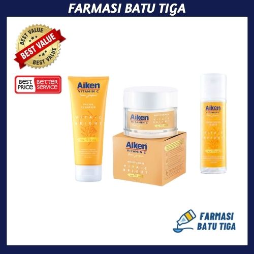 AIKEN VITAMIN C VITAC BRIGHT FACIAL CLEANSER 100G/ MOISTURISER 40G/ EXFOLIATING WATER 100ML