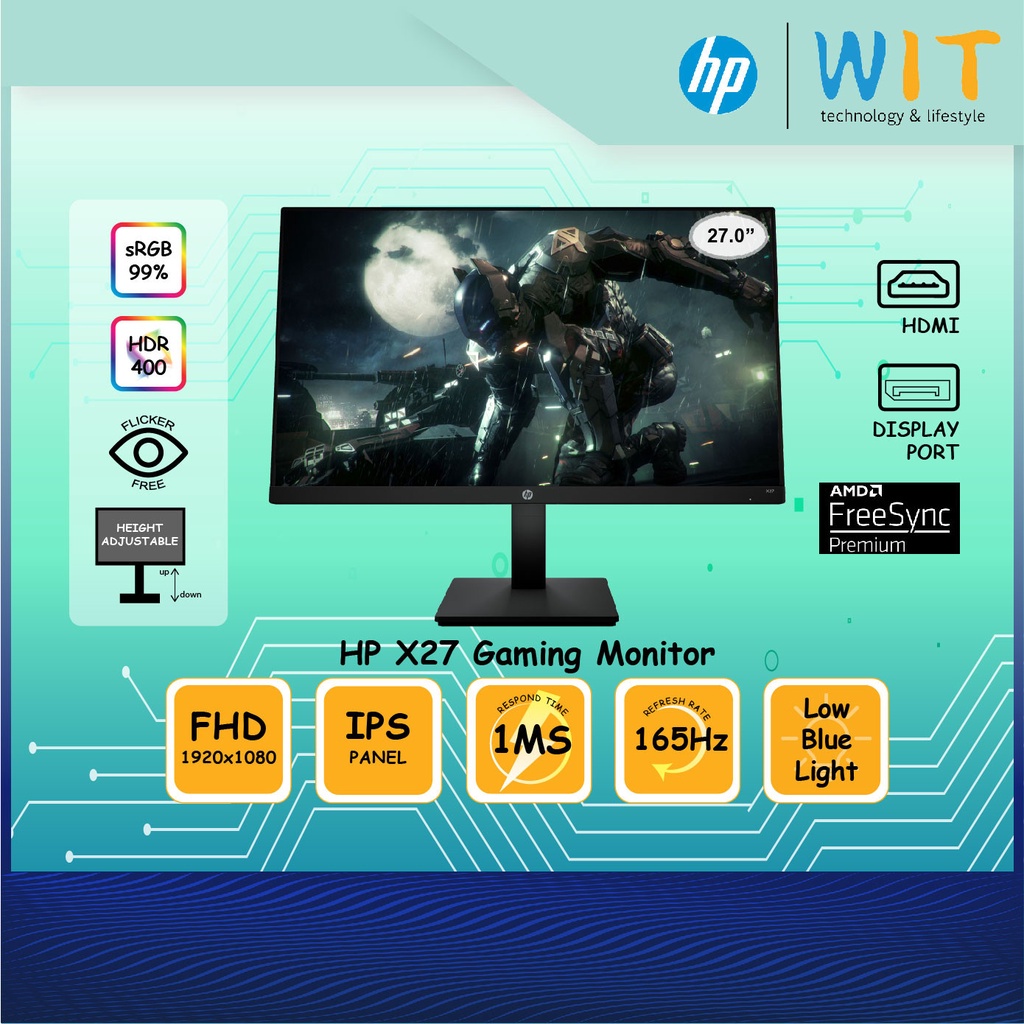 HP X27 Gaming Monitor 27.0" / 1ms /165Hz/FHD/IPS Panel/HDMI/DP/High Adjustable/sRGB 99/HDR