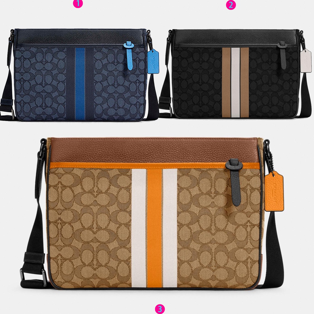 Coach 5291 men's bag classic striped messenger bag fashion briefcase  versatile large capacity file bag | Shopee Malaysia