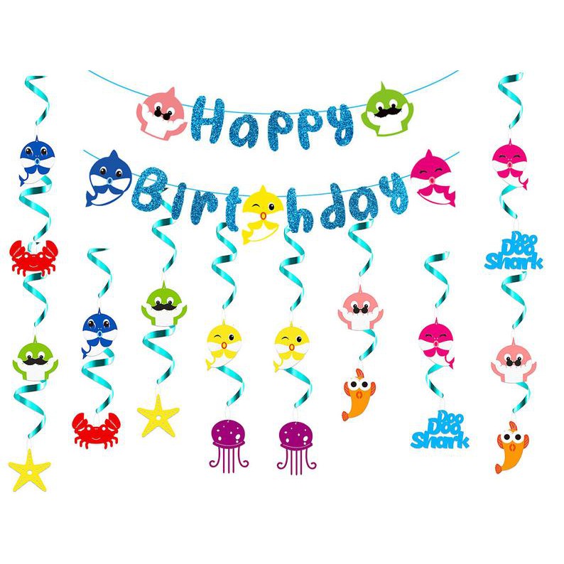 Baby Shark Birthday Banner And Whirl Streamers Hanging Swirl