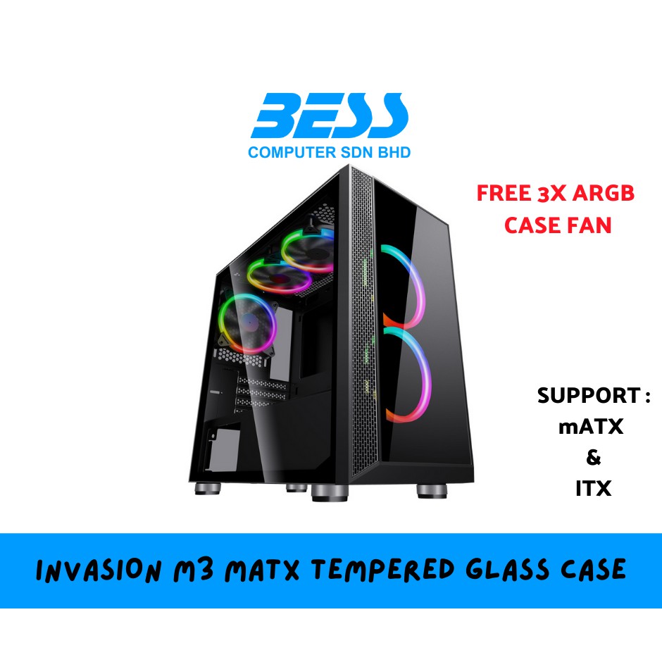 INVASION M3 MICRO ATX TEMPERED GLASS GAMING CASE ( Free 3pcs aRGB 