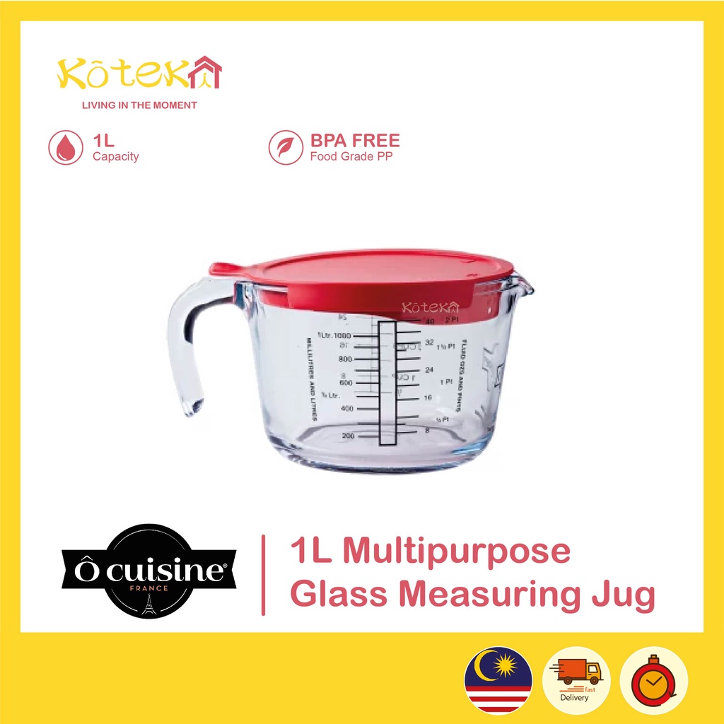 Koteki 1l Ocuisine Multipurpose Glass Measuring Jug With Plastic Lid Cover Cupbakingpengukur 8165