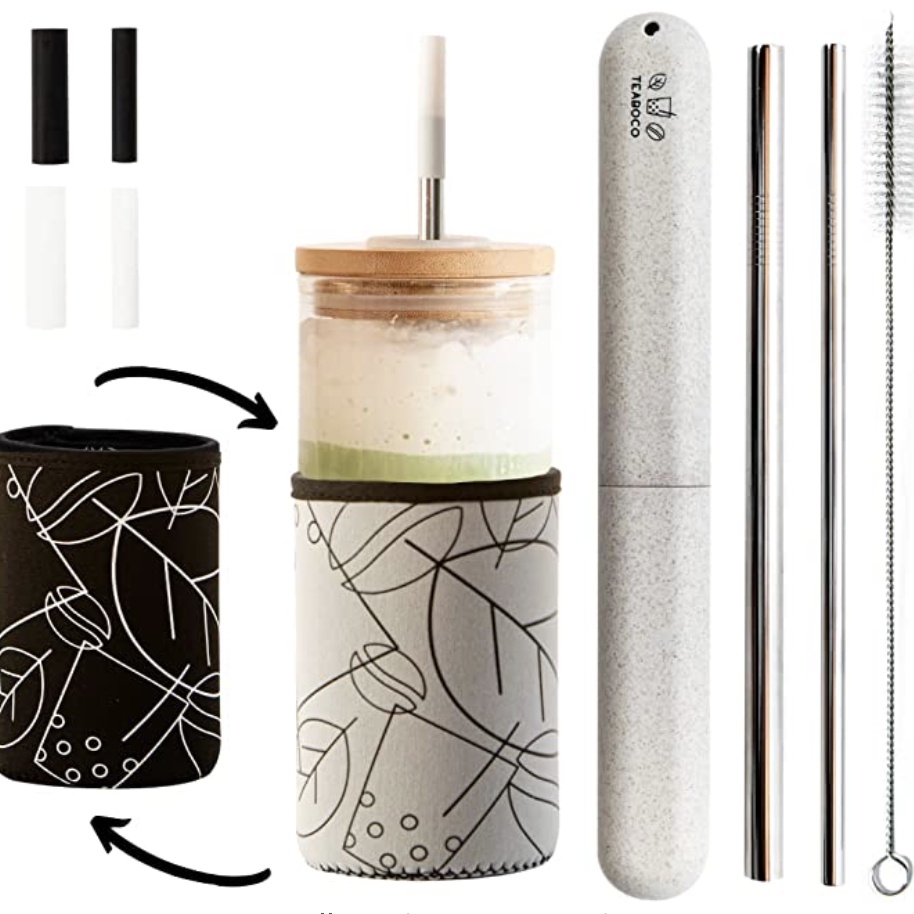 Teaboco S 20oz & 24oz Glass Reusable Boba Cup with Bamboo Lid and Straws; Iced Coffee Tumbler, Smoothie Cup (20oz, Black & White)