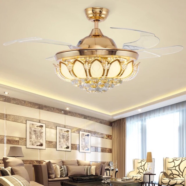 Gold Crystal Led 42 Inch Chandelier Ceiling Lights Living Room Dining Room Ceiling Fan Chandelier Fashion