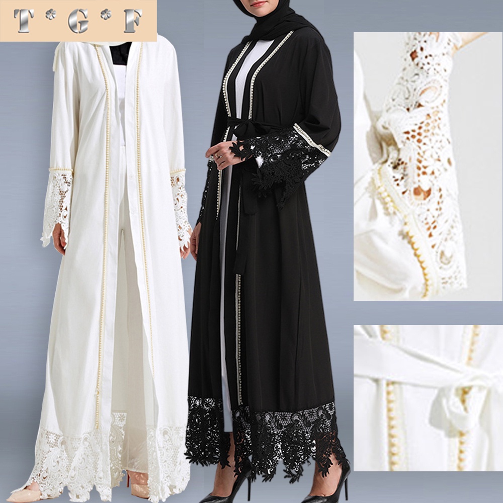 baju raya 2023 Abaya cardigan dress lace putih muslimah jubah Dubai ...