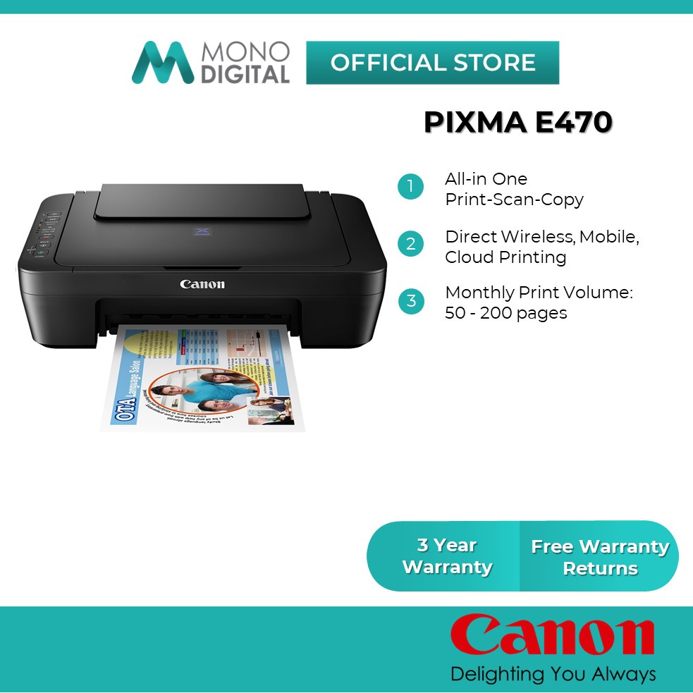 Canon Pixma E410/E470 Wireless All In One Low Cost Cartridges Colour Printer Print/Scan/Copy[Free TnG RM30]