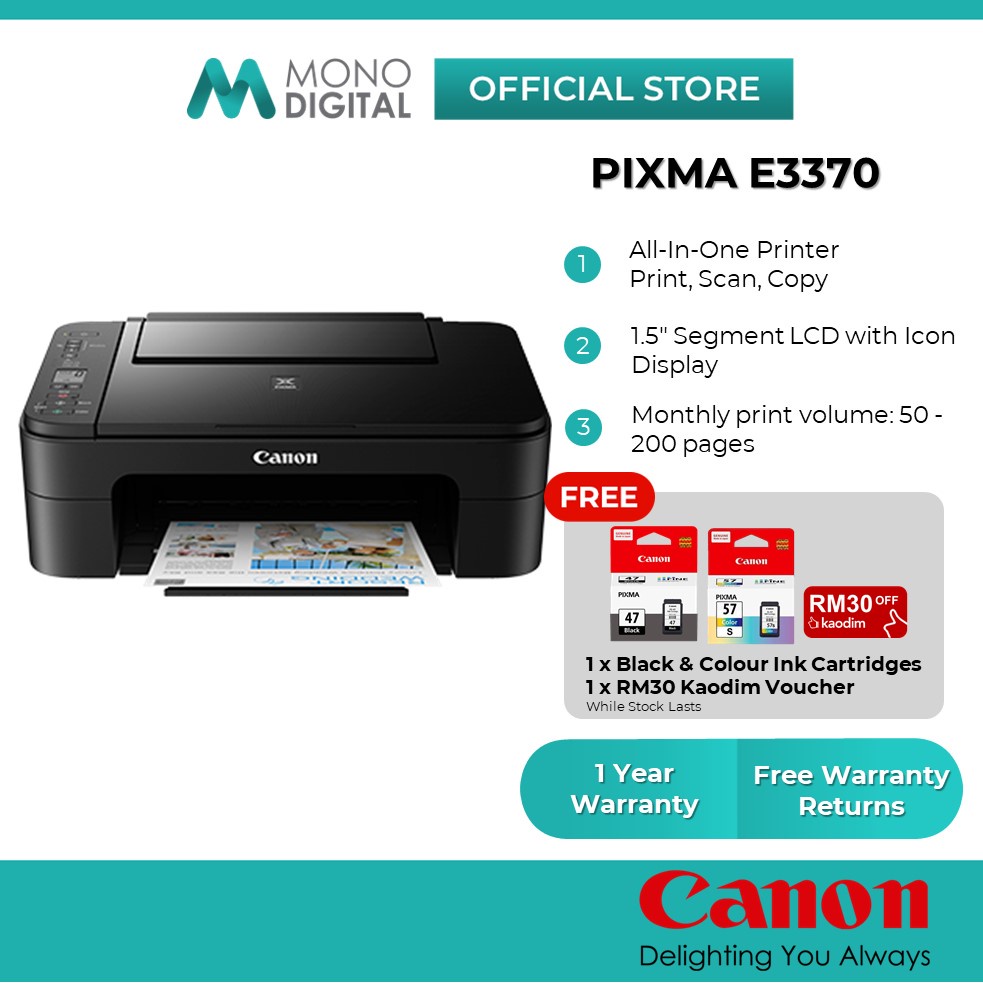 Canon Pixma E3370 Low Cost Cartridges All In One Home Office Use Compact Wireless Colour Printer 4746