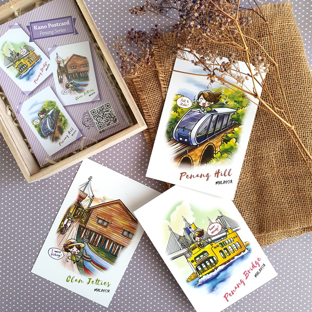 Malaysia Travel Postcard Penang Set -Penang Bridge / Clan Jetties / Penang Hill Cable Car - Kano Cute Cartoon Watercolor