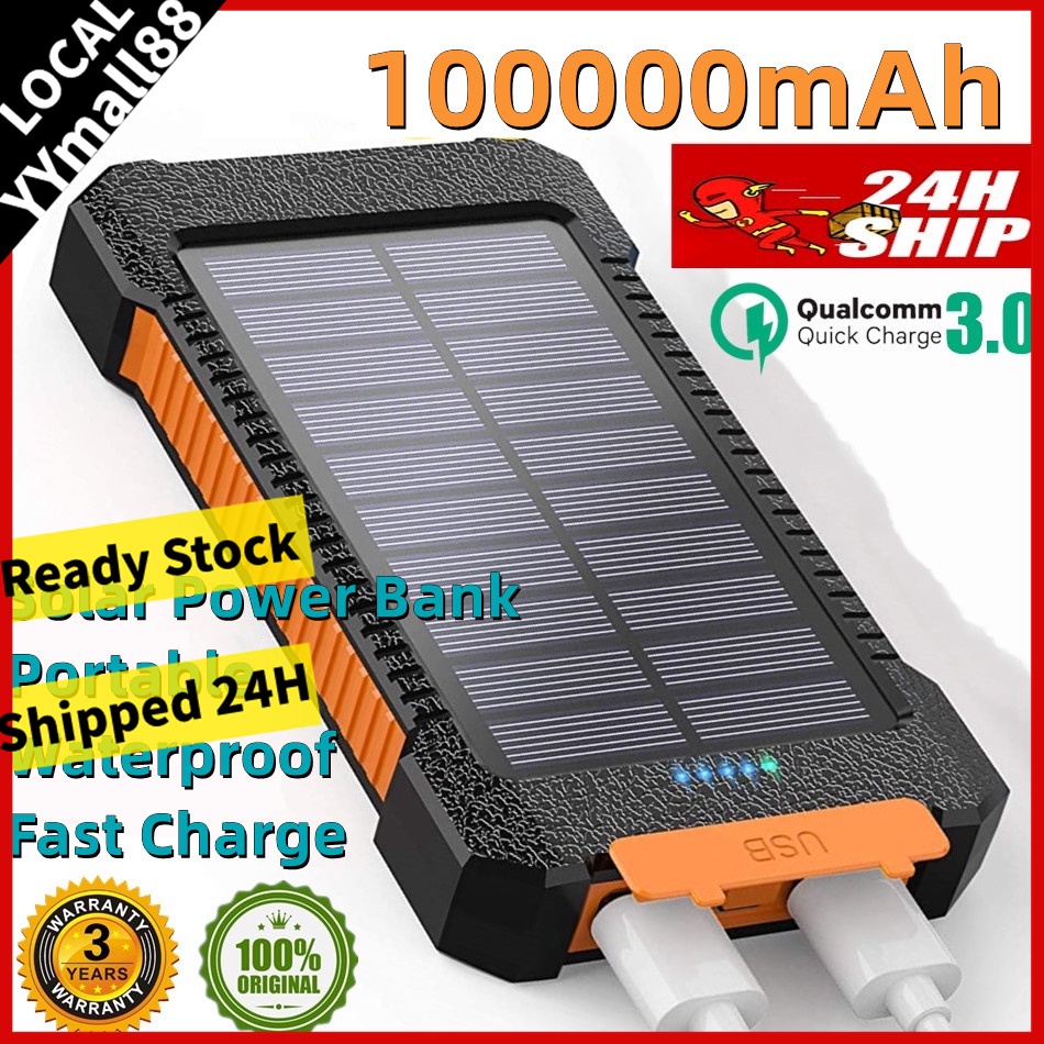 【24H】Solar Powerbank 100000mAh Outdoor Solar Energy External Battery Portable Waterproof Fast Charge Solar Power Bank