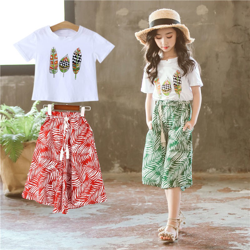 2 piece kids girls clothing childrens wear white T-shirt wide leg pants Kanak baju budak perempuan tshirt tops