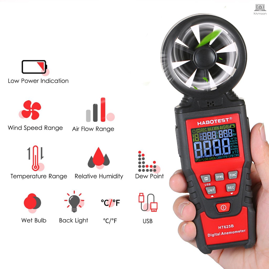 HABOTEST HT625B Handheld Digital Anemometer Wind Speed Meter Gauge ...