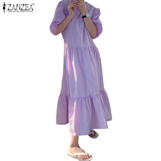Image of ZANZEA Women V-Neck Puff Sleeve Ruffled Hem Swing Maxi Dress