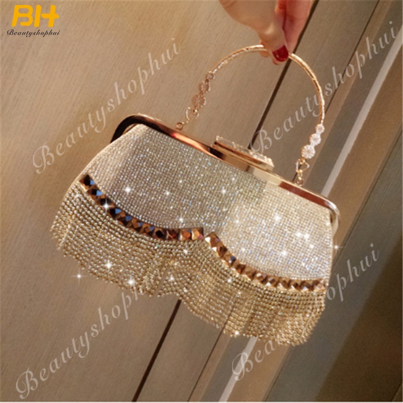 【MY STOCK】Luxury Women's Tassel Dinner Bag with Diamond Party Evening Bag Shining Handbag