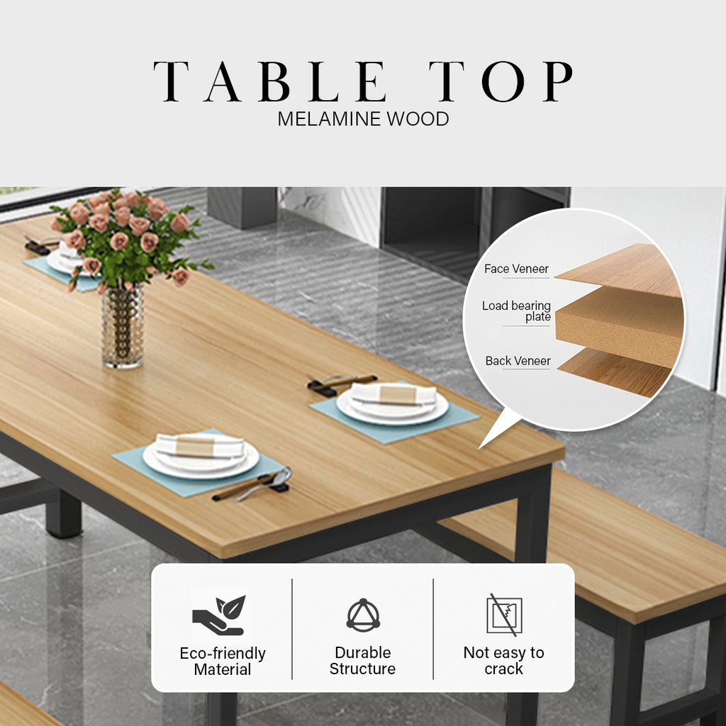 [READY STOCK] FINSSO: Dining Table With 2 Bench Set / Contemporary Simple Rectangular / Meja Makan