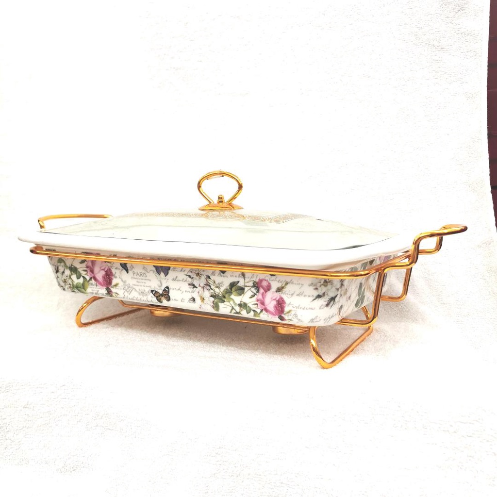 QUEEN KITCHEN 16" Porcelain Oblong Casserole with Gold Stand / Buffet Set / Food Warmer / Party Set CX2452 PINK ROSE