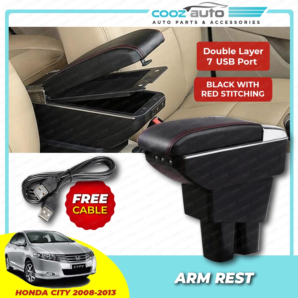Honda CITY 2008 2013 7 USB Double Layer Arm Rest Armrest Console Black Leather Shopee Malaysia