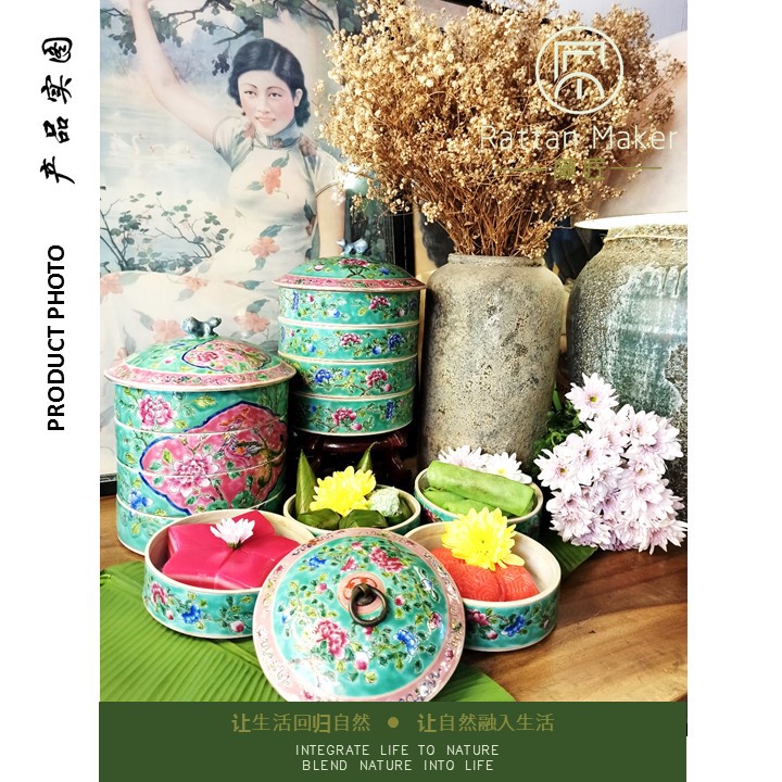 Peranakan Baba Nyonya Handmade Handcrafted Ceramic Porcelain Tiffin for