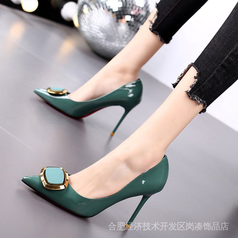 [Ready Stock] Pointed High Heels Stiletto Spring Autumn Sexy Patent Leather Square Buckle Girly Classy Single Shoes