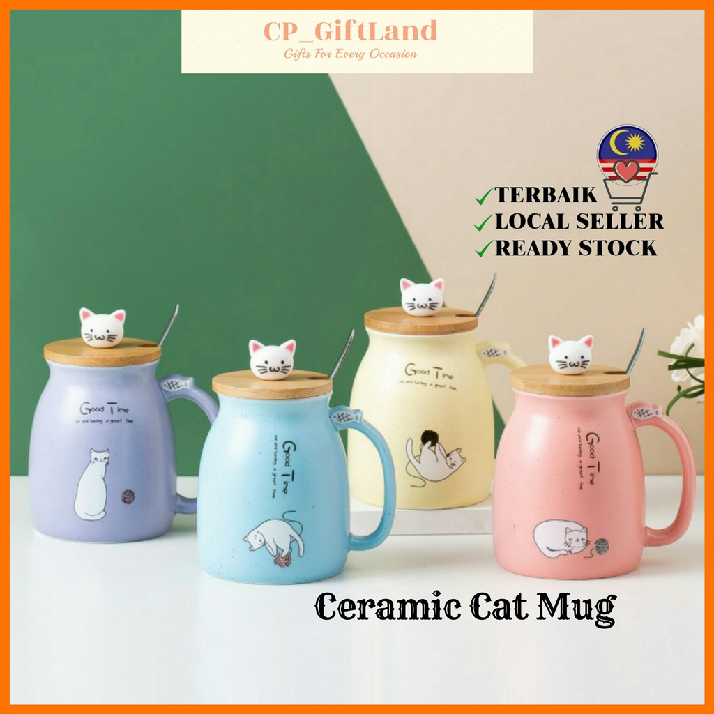 450ML Cute Cat Ceramic Mug With Cover and Spoon Tea Cup Water Cup Door Gift Cawan Kucing Cawan Comel Hadiah Birthday陶瓷杯