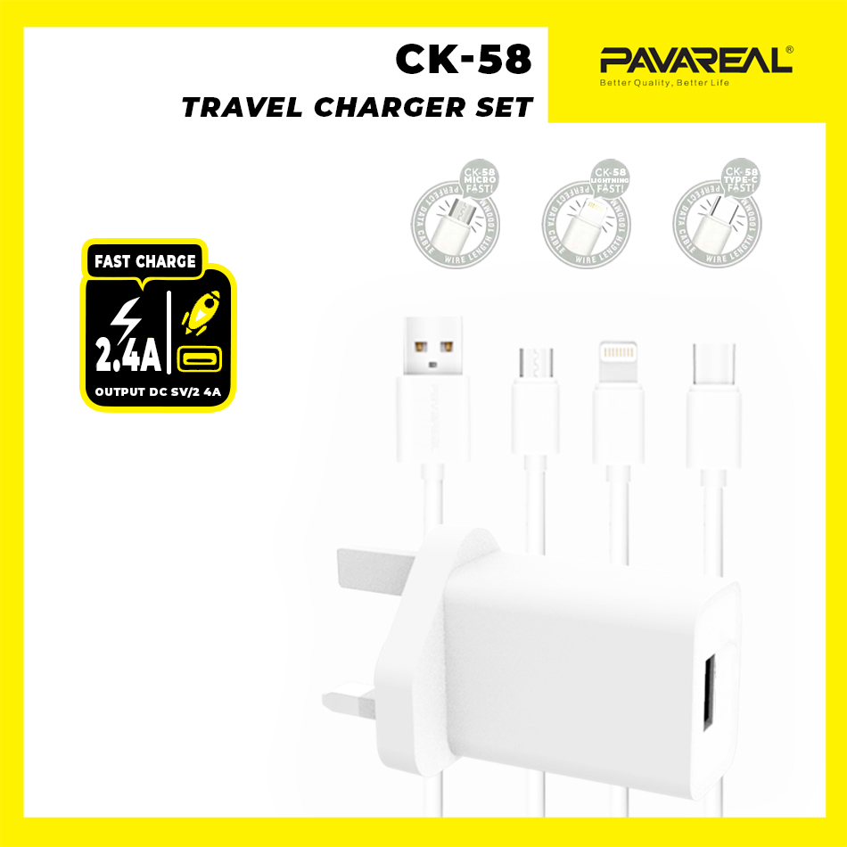 PAVAREAL PA-CK58CC15/18/19 Smart Travel Wall Charger Fast Charging 2.4A Safety & Stable + Micro/Lightning/Type C Cable