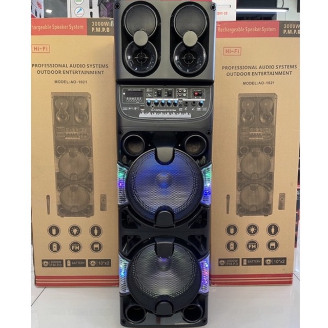 AO-1021 KARAOKE SPEAKER PORTABLE HIGH POWER SUPER BASS 10’’x2 Speaker WIRELESS MICROPHONE AO1021