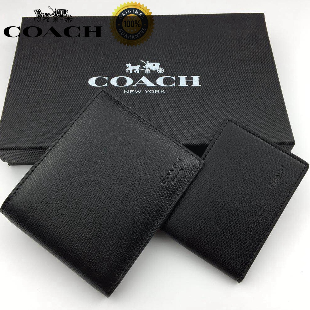 Coach Short wallet for men birthday present gift Flip Wallet Lychee Pattern Leather Lowest Discount 74974 Available