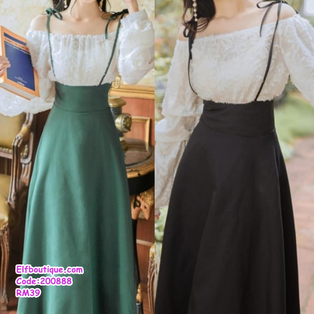 READY STOCKS Woman Sleeveless Ribbon Tie High Waist Jumpsuit Skirt Black/Dark Green 200888