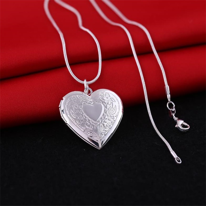 Ready Stock Silver color Heart Locket Photo Pendant Necklace For Women Birthday Anniversary Valentine Gift girls jewelry fj178