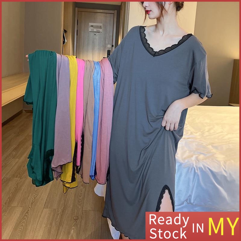 【Ready Stock In Malaysia】(150kg Could Wear) (7 Colors) Oversized Women Plus Size Night Dress Lace V-neck Split Pajamas Sexy Nightwear Local Shop