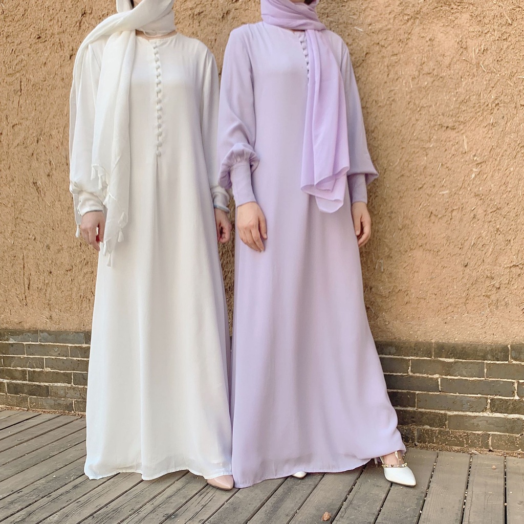 New Style Loose Double-Layer Monochrome Chiffon Dress Dubai Elegant Round Neck Long Sleeve Button Lace-Up Skirt Buttoned Kafftein Large Hem Eizhai Festival Muslim Women's Robe